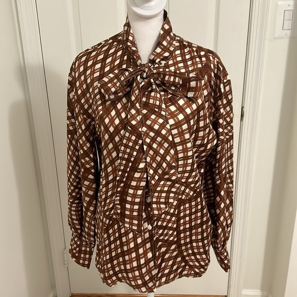 Tory Burch Abstract Gingham Check Pattern Silk Tie Blouse New Size 4 - Picture 5 of 13